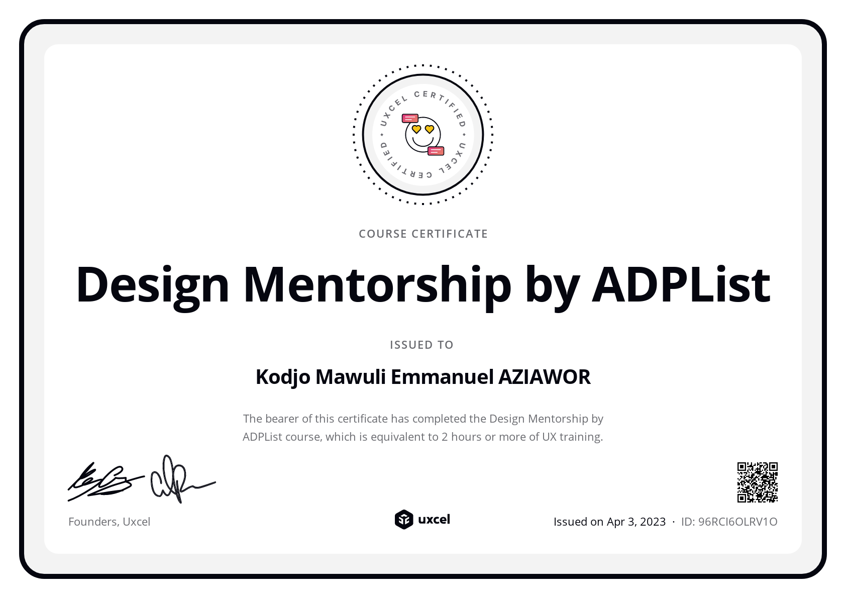 Emmanuel Aziawor's certificate